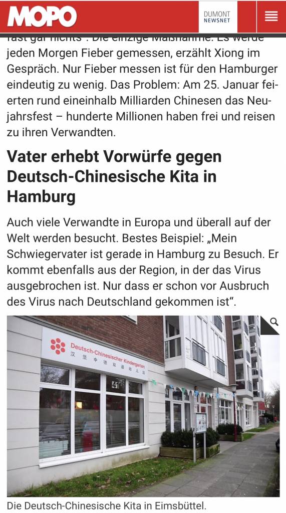 Stellungnahme zum MoPo Artikel „Coronavirus - Vater erhebt Vorwürfe gegen Kita in Hamburg“ (02.02.20, 21:22 Uhr)